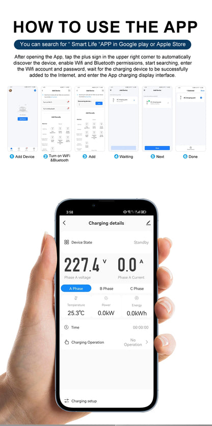 IPENGEN 22KW 32A 3Phase EV Charging Station Type2 IEC62196-2 Electric Car Charger 5m Cable EVSE Wallbox WIFI APP Control