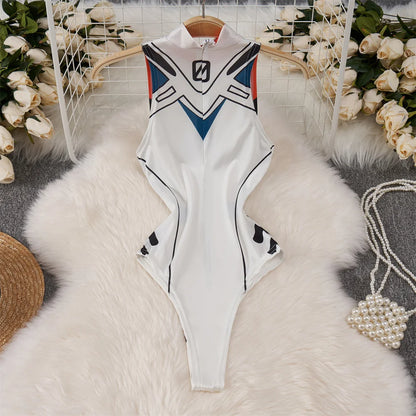 White Cute Sweet Cartoon Printed Jumpsuit Half High Collar Sleeveless Skinny Lingerie Bodycon Bodysuit Rompers Catsuits Clothes