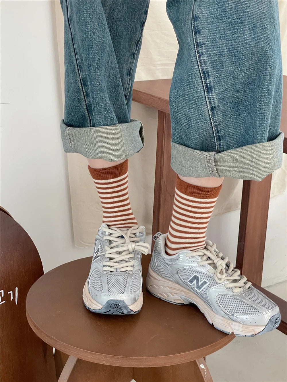 Korean Simple Colored Striped Cotton Socks Women’s Autumn Winter Breathable Middle Tube Socks College Style Trendy Casual Socks