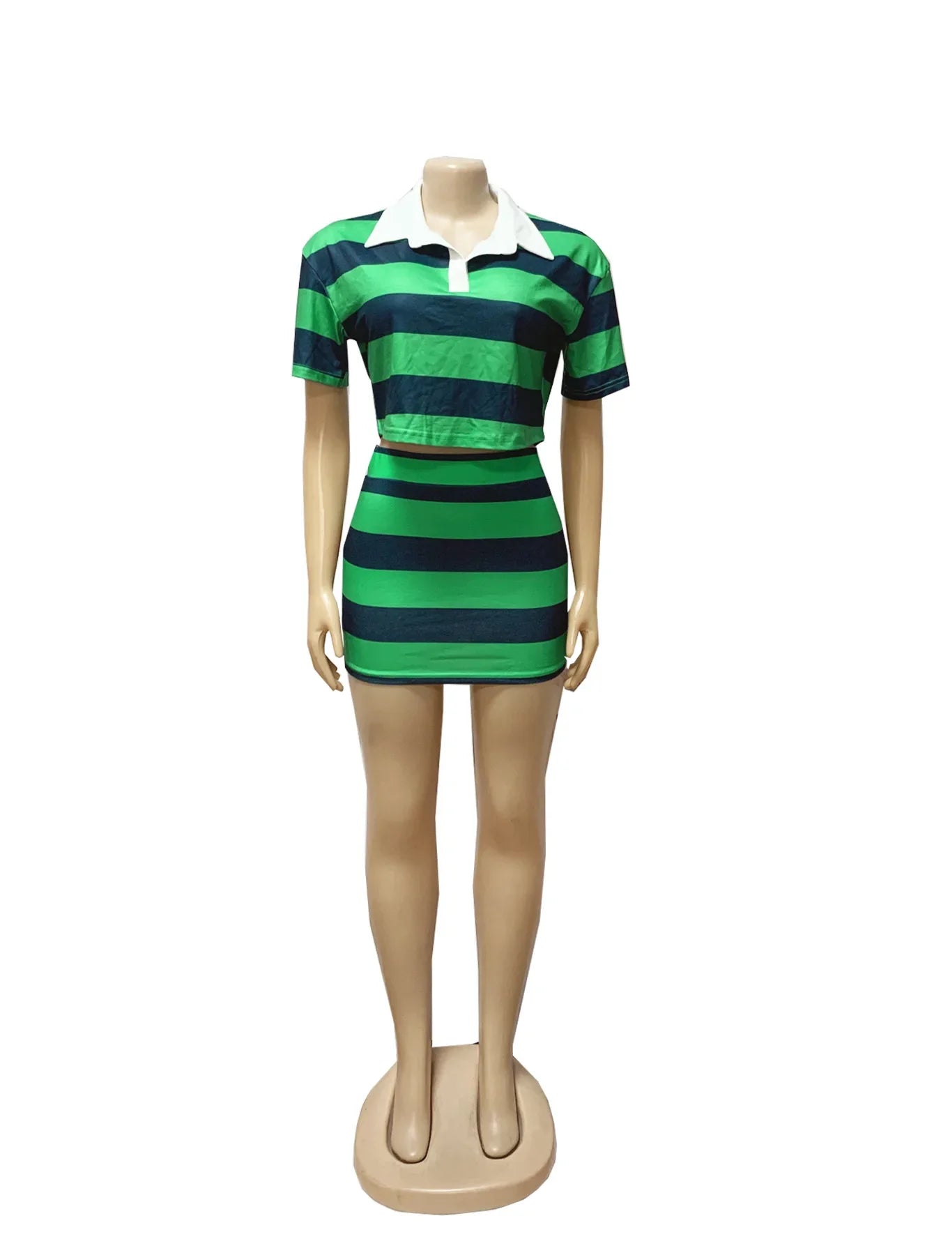 Fashionable Women's Stripe Color Block Shortie Set TW683-1 Bicolor Collar Crop Top with Skirt Polyester Fiber Knee-Length