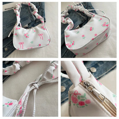 Gentle and Sweet Flower Canvas Bag for Women 2025 New Drawstring Shoulder Bag High Beauty Broken Flower Bow