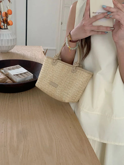 Summer Vacation Women's Beach Straw Shoulder Bag Retro Design Ladies Portable Crossbody Bags Knot Basket Woven Tote Handbags