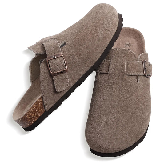 Gacimy Women's Suede Clogs with Arch Support Retro Leather Flat Mules Lady Cork Footbed Sandals Unisex Classic Clogs Slippers