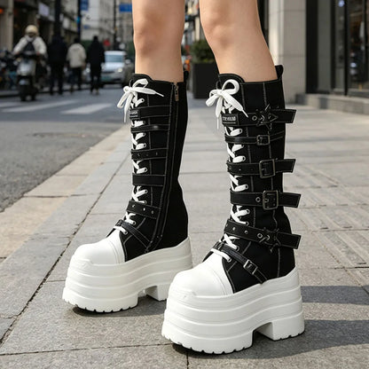 2026 Winter Punk Women Platform Knee High Boots Canvas Patchwork Lace-up Multi Metal Buckle Straps Chunky Heel Motorcycle Boots