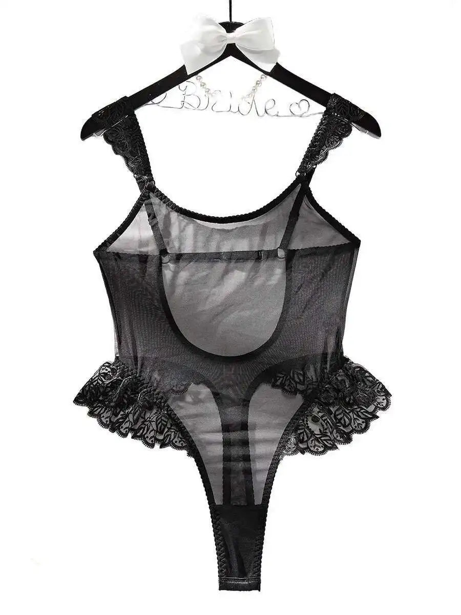 New Sexy Bodysuits Ruffled Edges Patchwork Mesh Sexy Perspective Backless Deep V Suspenders Sleeveless Bodysuits Charming 5ZAL