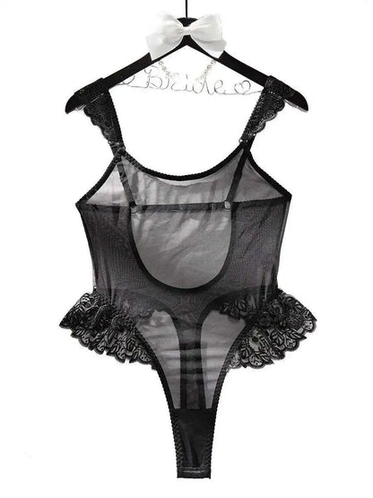 New Sexy Bodysuits Ruffled Edges Patchwork Mesh Sexy Perspective Backless Deep V Suspenders Sleeveless Bodysuits Charming 5ZAL