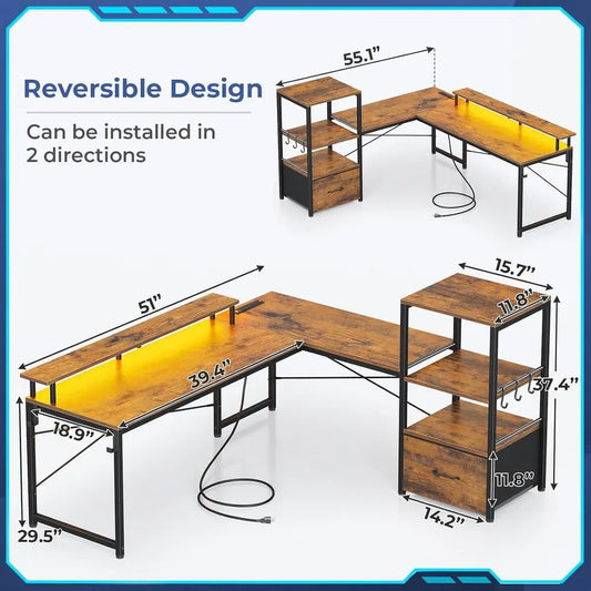 51 Rustic Brown Gaming Desk with LED Lights, Monitor Stand, Fabric Drawer, and Storage Shelves