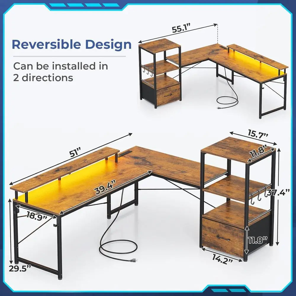 51 Rustic Brown Gaming Desk with LED Lights, Monitor Stand, Fabric Drawer, and Storage Shelves