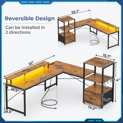 51 Rustic Brown Gaming Desk with LED Lights, Monitor Stand, Fabric Drawer, and Storage Shelves