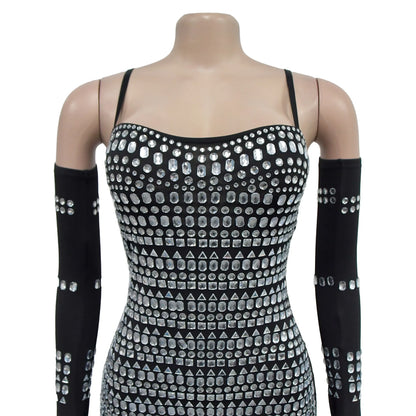 GLCMYAYA Women Diamonds Hot Rhinestones Crystal Spaghetti Strap Birthday Bodycon Midi Dress Sexy Party Even Dresses Vestidos