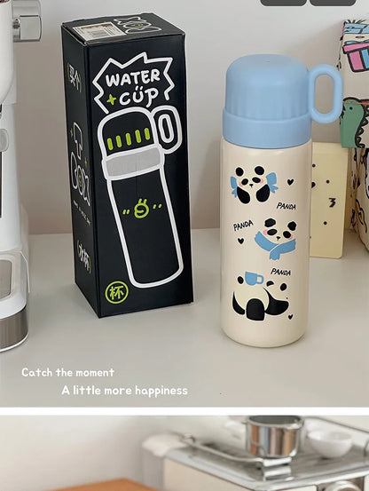 500ml Cartoon Stainless Steel Portable Thermos Cup,Cute Student Water Cup,Outdoor One Cover Dual-use Cup Vacuum Insulated Bottle