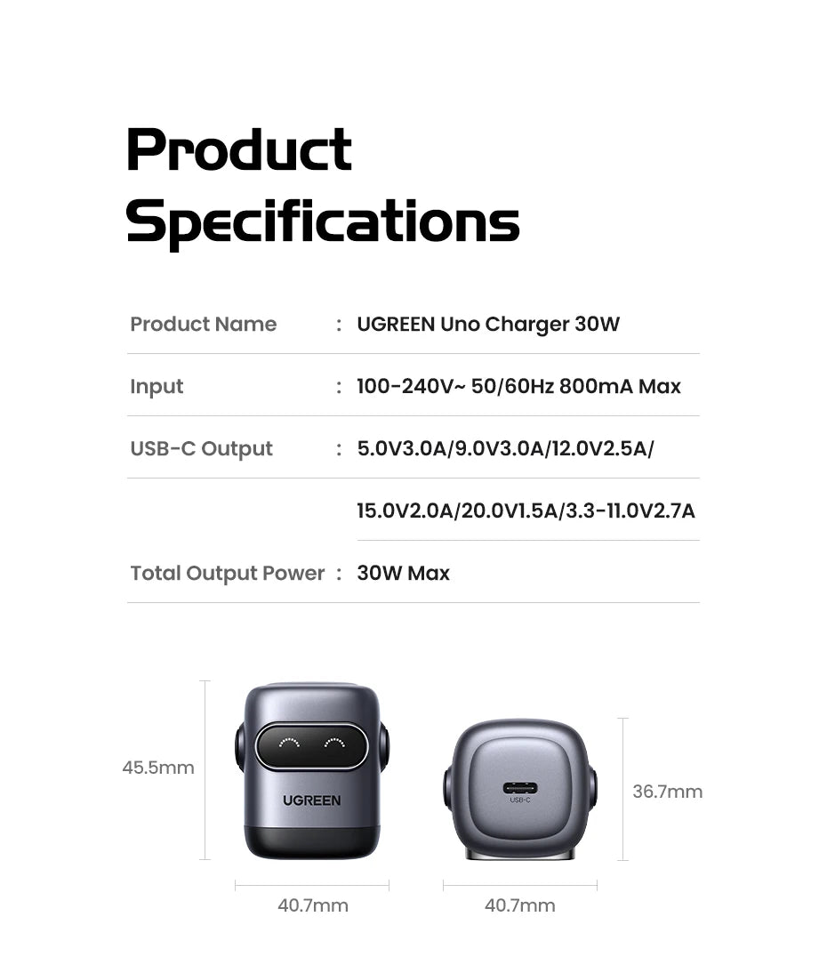 【US Plug】UGREEN Robot Design 30W GaN Charger QC4.0 3.0 PPS PD3.0 Fast Charger For iPhone 16 15 14 Pro Samsung Xiaomi iPad Air