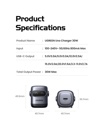 【US Plug】UGREEN Robot Design 30W GaN Charger QC4.0 3.0 PPS PD3.0 Fast Charger For iPhone 16 15 14 Pro Samsung Xiaomi iPad Air