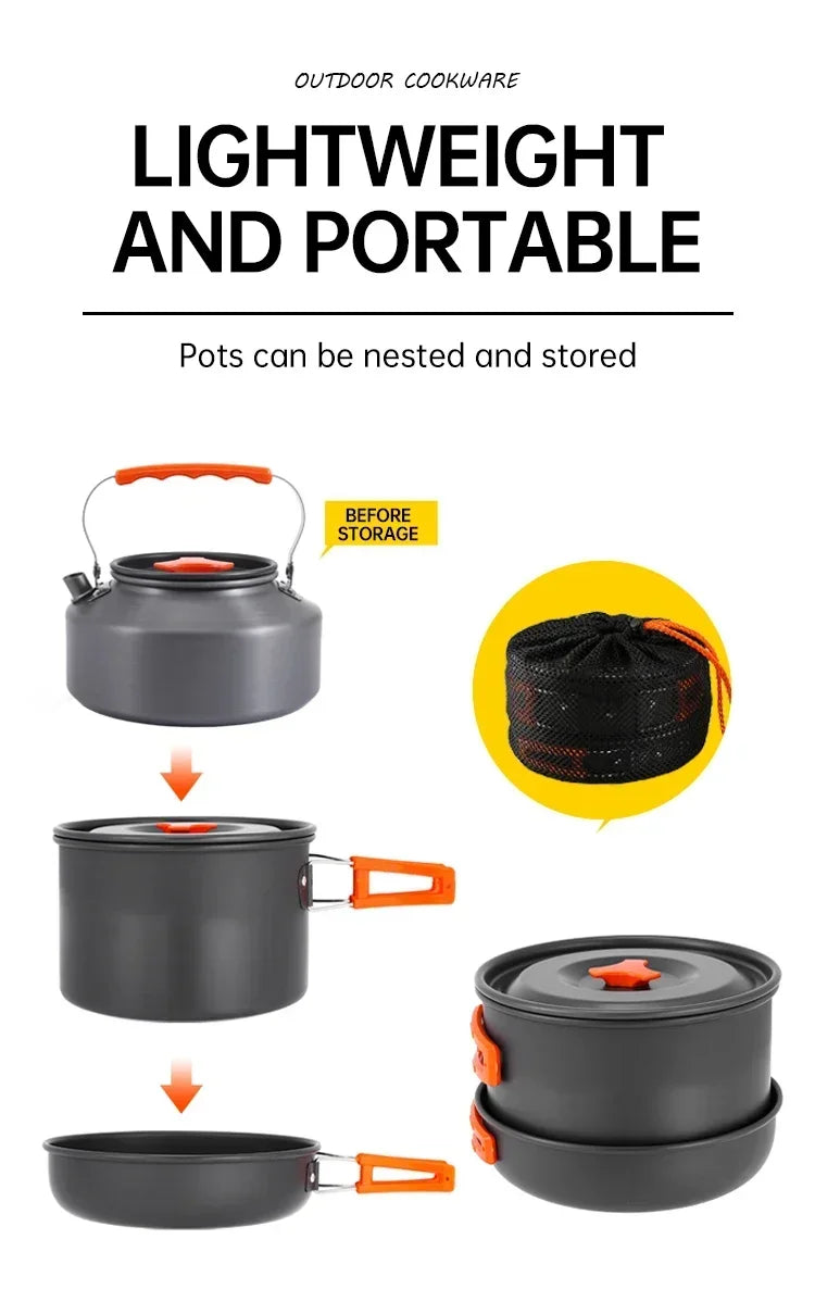Camping Cooking Set, Outdoor Kitchenware Set, Aluminum Portable Tableware Kitchenware POTS Bowls Kettles Hiking Picnic Equipment