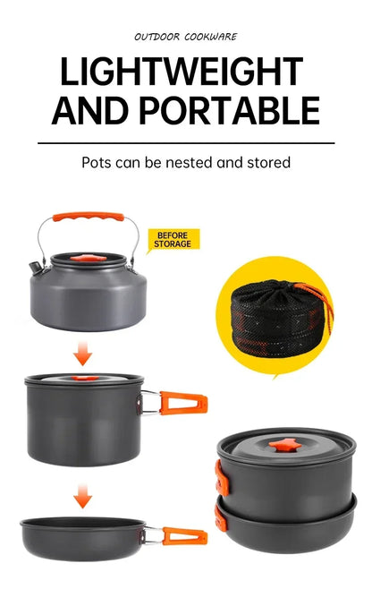 Camping Cooking Set, Outdoor Kitchenware Set, Aluminum Portable Tableware Kitchenware POTS Bowls Kettles Hiking Picnic Equipment