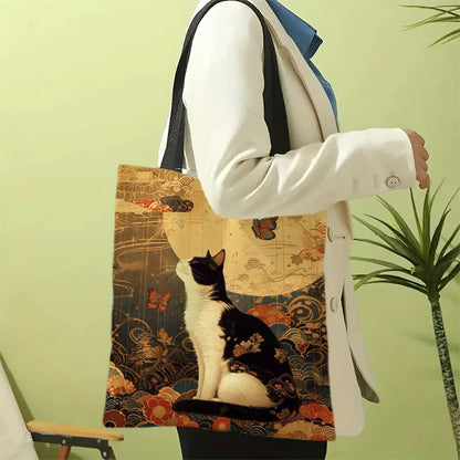 Classic Black And White Cat Tote Bag With Cat Print, Reusable Shoulder Shopping Beach Bag For Women, Durable Casual Carryall
