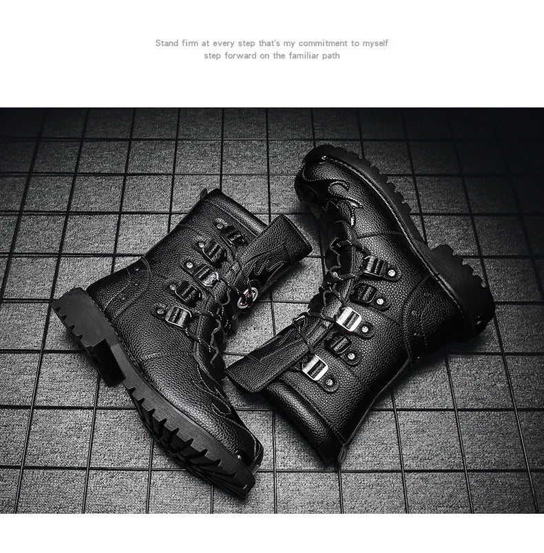 Men Motorcycle Boots Fashion Mid-Calf Punk Rock Punk PU Leather Black High Top Mens Casual Boot Steel Toe Shoes Big Size 38-46