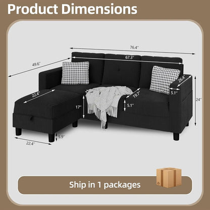 Convertible Sectional Couches for Living Room, L-Shaped Couch 3 Seat Sectional Sofa Set with Corduroy Fabric , Customized