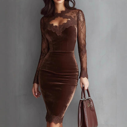 New Sexy Lace See-through Long-sleeved Dress Spring Summer Elegant V-neck Lace Patchwork Waist-covering Hip Dress Robe Femme