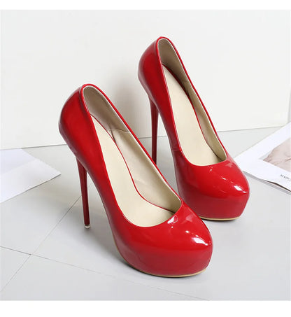 Big Size 35-47 Patent Leather Red Wedding Shoes 2025 Women Round Toe Super High Heels 16cm Pumps Sexy Platform Party Shoes Woman