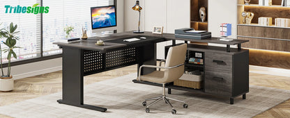 Tribesigns 63 Inch Executive Desk with File Cabinet, Large Office Desk L Shaped Computer Desk with Drawers and Storage Shelves