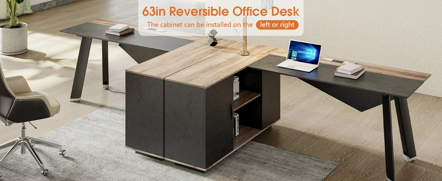 63in L-Shaped Executive Desk with 47" lateral File Cabinet/Storage Shelves Business Writing Table Computer Desk for Home Office