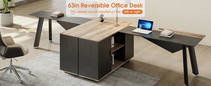 63in L-Shaped Executive Desk with 47" lateral File Cabinet/Storage Shelves Business Writing Table Computer Desk for Home Office
