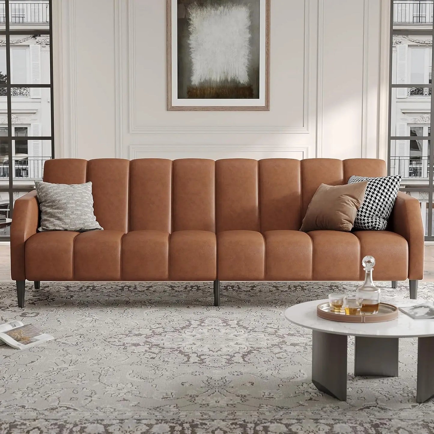 Faux Leather Couch, Convertible Futon Sofa Bed with Adjustable Backrest, Mid Century Leather Sofa Loveseat , Customized