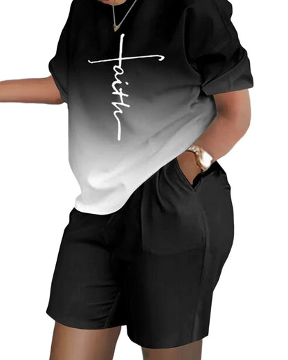 Ladies Casual Summer Two Piece Sets Printed Shorts Sets Women Round Neck Short Sleeve T Shirts Pullover High Waist Trousers Suit