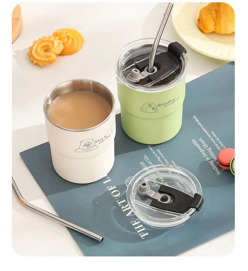 300ml Drinking Cup With Straw Portable Stainless Steel Coffee Cups Mug With Lid Heat Resistant Tea Cup Tumbler Travel Mug