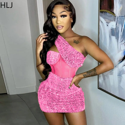 HLJ Fashion Sequin Splicing Hollow One Shoulder Party Club Mini Dresses Women Sleeveless Backless Slim Vestidos Sexy Clothing