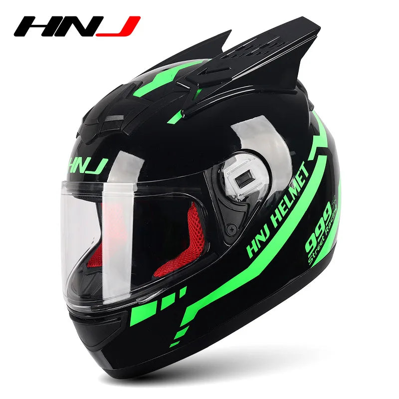 HNJ Men Motorcycle Helmet Women Full Face Helmet Riding Personality Horn Pink Helmet DOT Certification casco moto