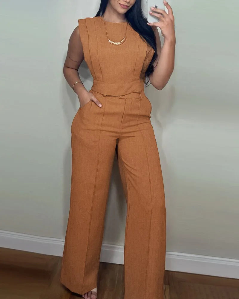 2026 Casual Solid Color Commuting Suit Spring And Summer New Fashion Sleeveless Loose Top With Straight Trousers Two-piece Set