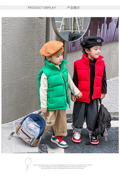 3-14 Years Winter Boys Girls Vest Fashion Letter High Neck Design Thick Keep Warm Waistcoat For Kids Children Down Coat