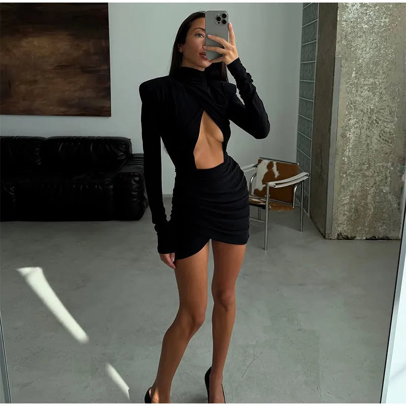 Sexy Hollow-out Pleated Mini Dress Women Fashion Solid Half High Collar Long Sleeve Slim Dresses 2025 Lady Party Club Robes