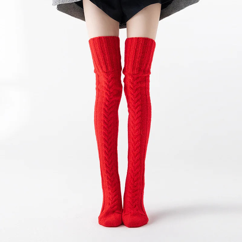 Women Winter Warm Breathable Long Johns Mohair Knee Length Knitted Wool Stretch High Sockings Femboy Leg Warmers Kawaii Clothes