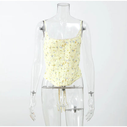 Yellow Flora Printed Corset Top Women Sexy Sleeveless Fishbone Bodycon Spaghetti Strap Lace Up Tops 2026 Lady Summer Party Vest