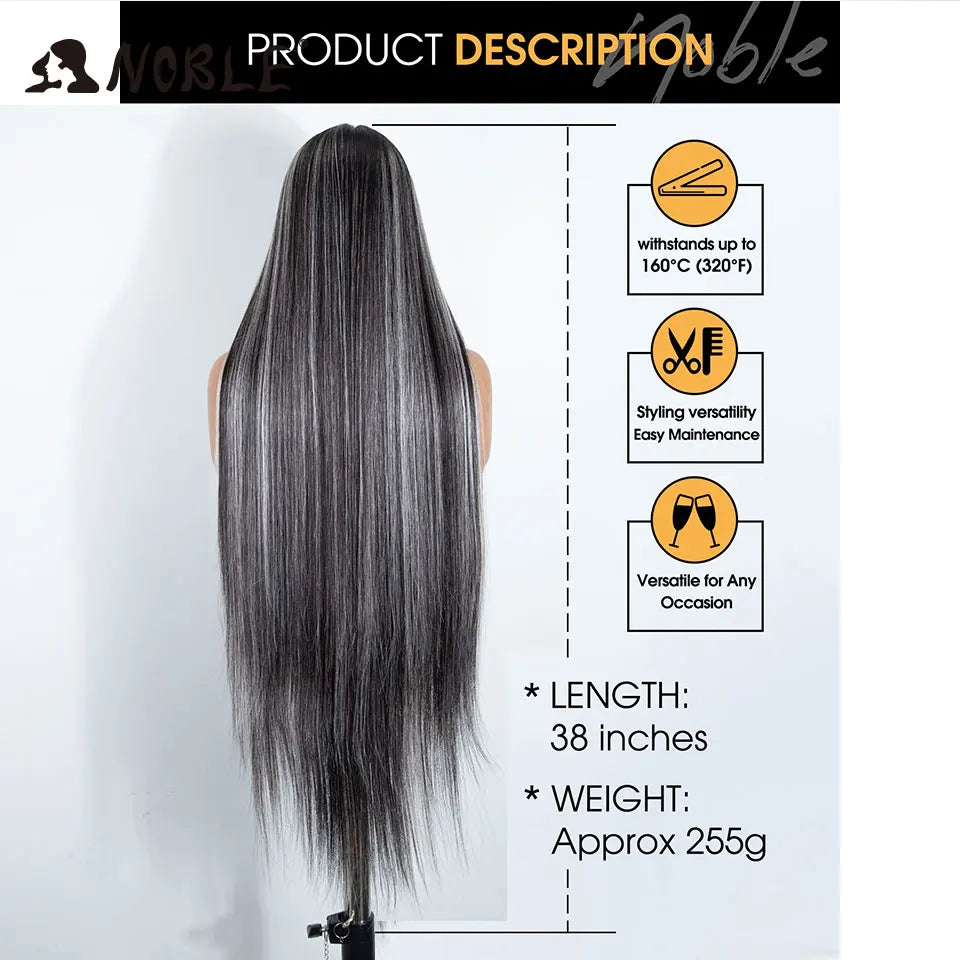 Noble 38 Inch Extra Long Straight Synthetic Lace Front Wig Skunk Stripe Grey White Ombre Glueless Heat Resistant Wig For Women