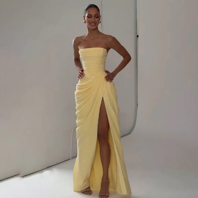 Elegant Yellow Strapless Pleated Dress Women Chic Sleeveless Waist Cinching Split Maxi Gowns 2026 Summer Lady Evening Party Robe