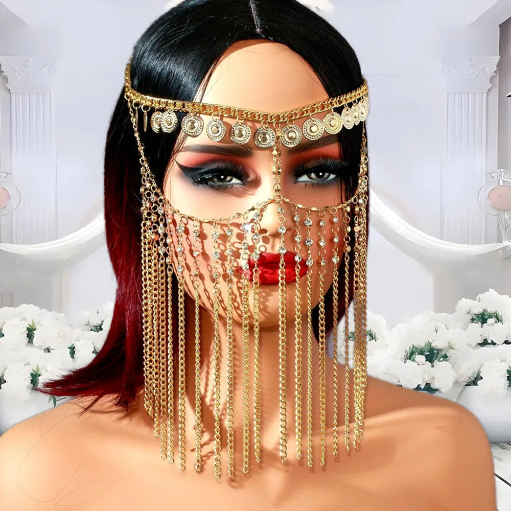 New Fashion Rhinestone Golden Coins Fringe Face Curtain Jewelry Women Prom Party Mask Chain Headwear Decoration Bridal Veils