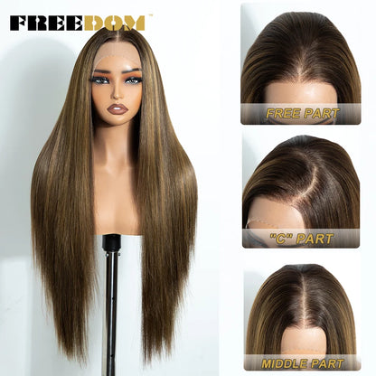 FREEDOM 13X4 Pre Plucked Synthetic Lace Front Wigs For Black Women Natural Hairline Straight 30 Inch Ombre Brown Wig Daily Use