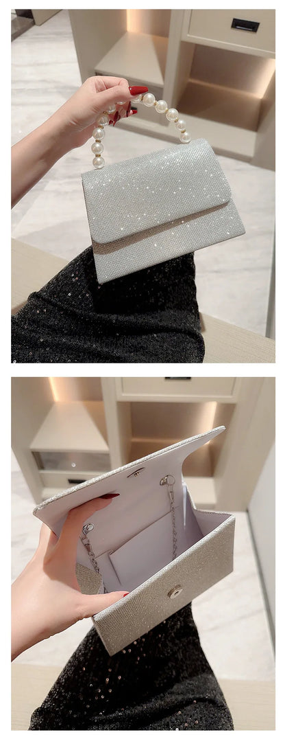 Pearl Chain Shoulder Bags Luxury Purse Gold Bright Silk Evening Bag Women Elegant Fashion Banquet Clutch Female Handbag bolsa