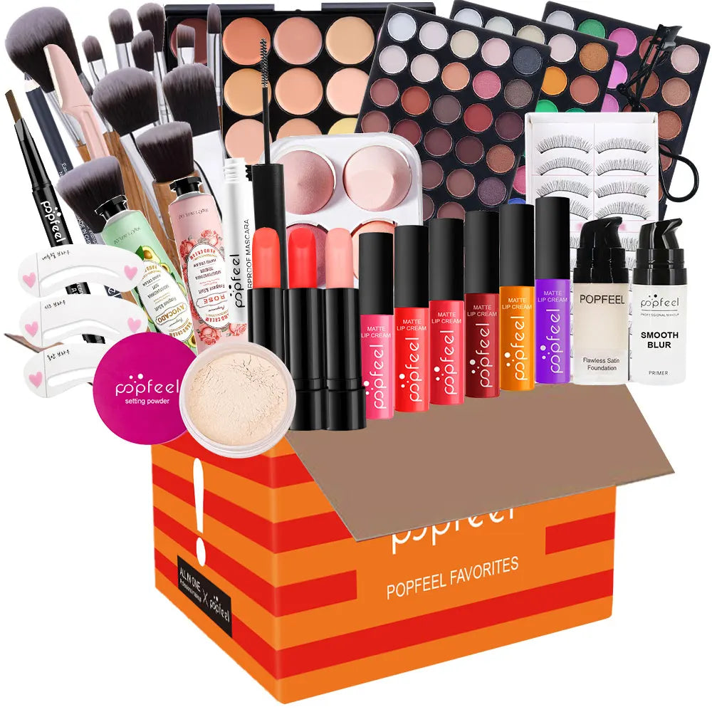 POPFEEL Complete All-in-One Makeup Kit with Brush - Full Face Beauty Set, Berry & Neutral Tones Foundation, Blush, Eyeshadow Pal