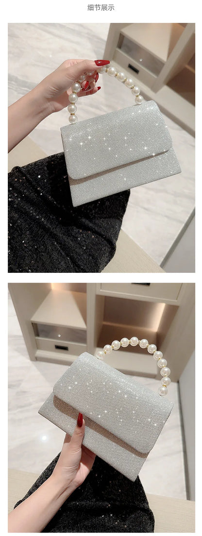 Pearl Chain Shoulder Bags Luxury Purse Gold Bright Silk Evening Bag Women Elegant Fashion Banquet Clutch Female Handbag bolsa