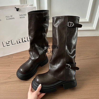 Women Double Buckle Slouch Knee High Boots Round Toe Platform Thick Sole Leather Tall Boots Street Casual Daily Ladies Boots