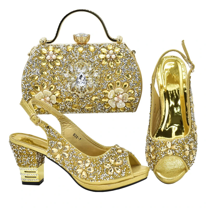 New Arrival Nigerian Party Shoes with Bag Set Decorated with Rhinestone Shoes for Women 2026 Designer Luxury Wedding Shoes Bride