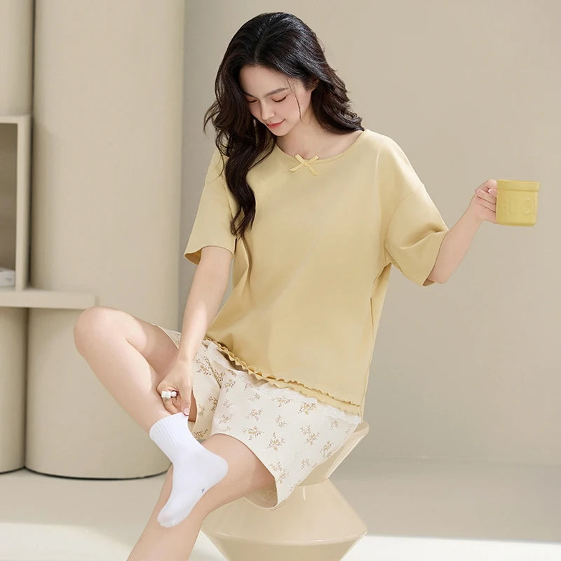 100% Pure Cotton Women Pajamas Summer Cartoon Print Pijamas Girls Nightwear Homewear Short Sleeve Sleepwear O-neck Loungewear
