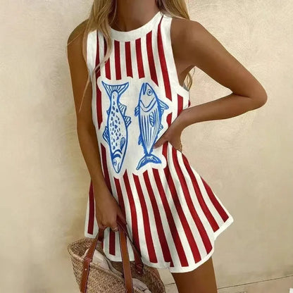 Women Sleeveless Dress Cute Sardines Fish Graphic Print Summer New Short Dress Beach Vacation Party Girl Skirts Dress