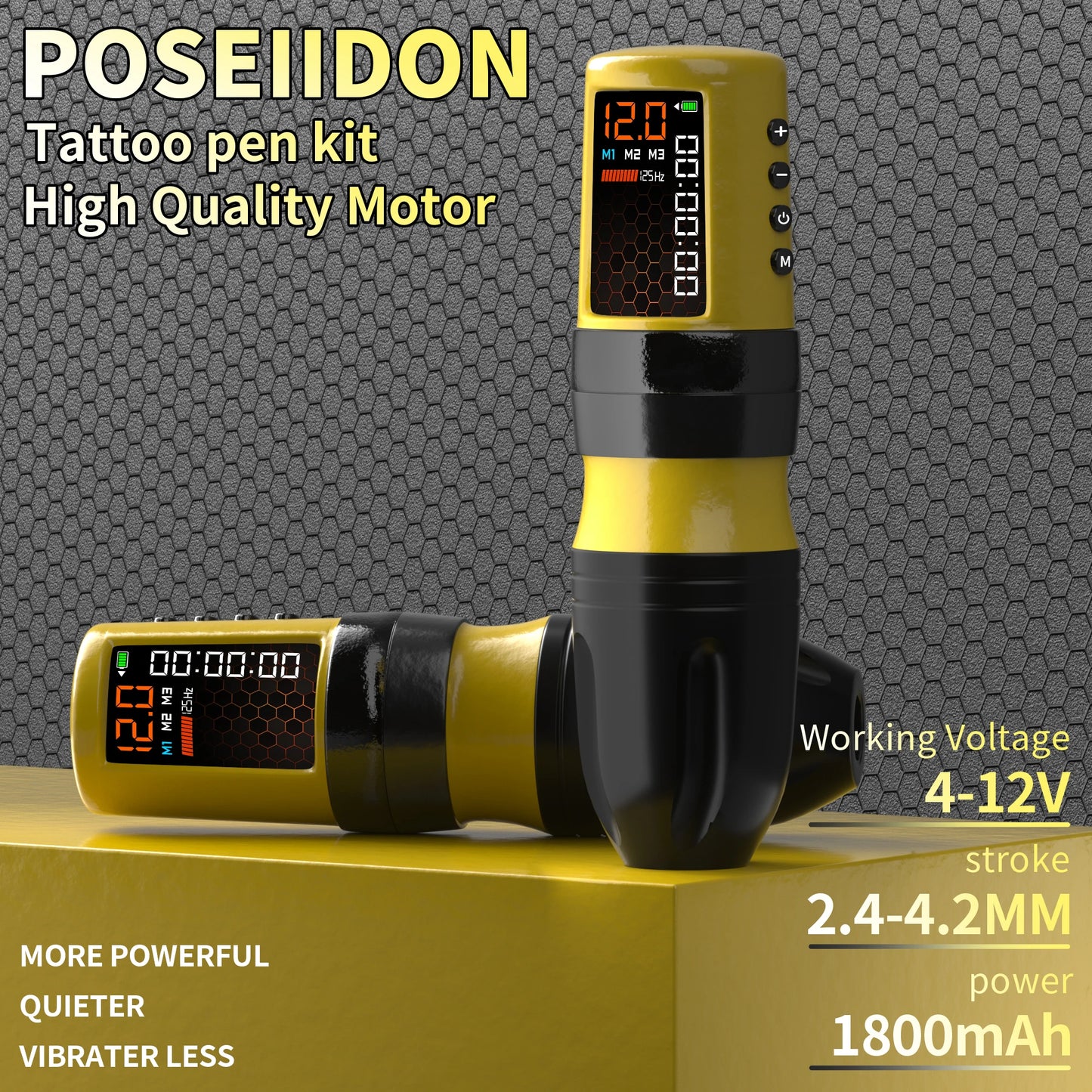 POSEIDON Tattoo Kit Yellow Tattoo Pen Kit For Permanent Makeup Tattoo Machine Kit Adjustable Tattoo Power Supply Tattoo Gun Kit