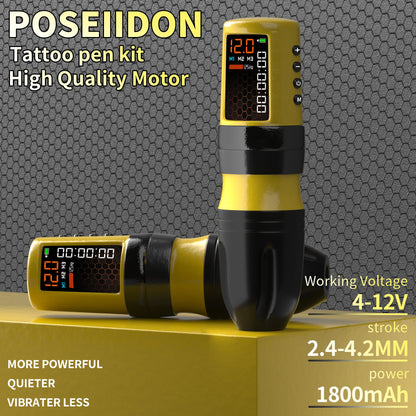 POSEIDON Tattoo Kit Yellow Tattoo Pen Kit For Permanent Makeup Tattoo Machine Kit Adjustable Tattoo Power Supply Tattoo Gun Kit